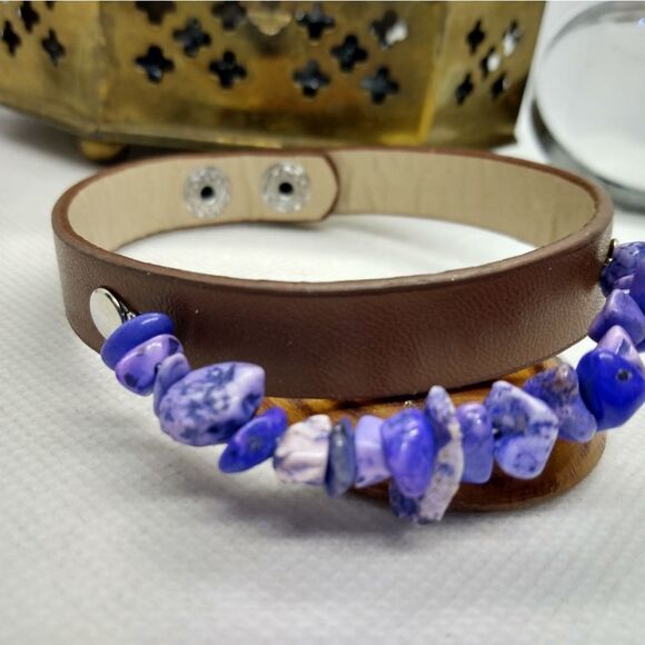 Turquoise purple dyed chip vegan leather wrist band bracelet‎ - Picture 2 of 2